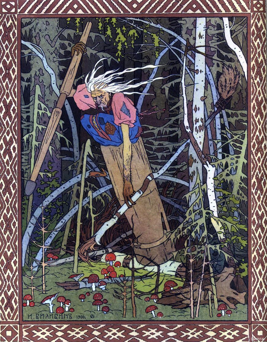 Baba Yaga flyver gennem luften i en morter – af Ivan Bilibin