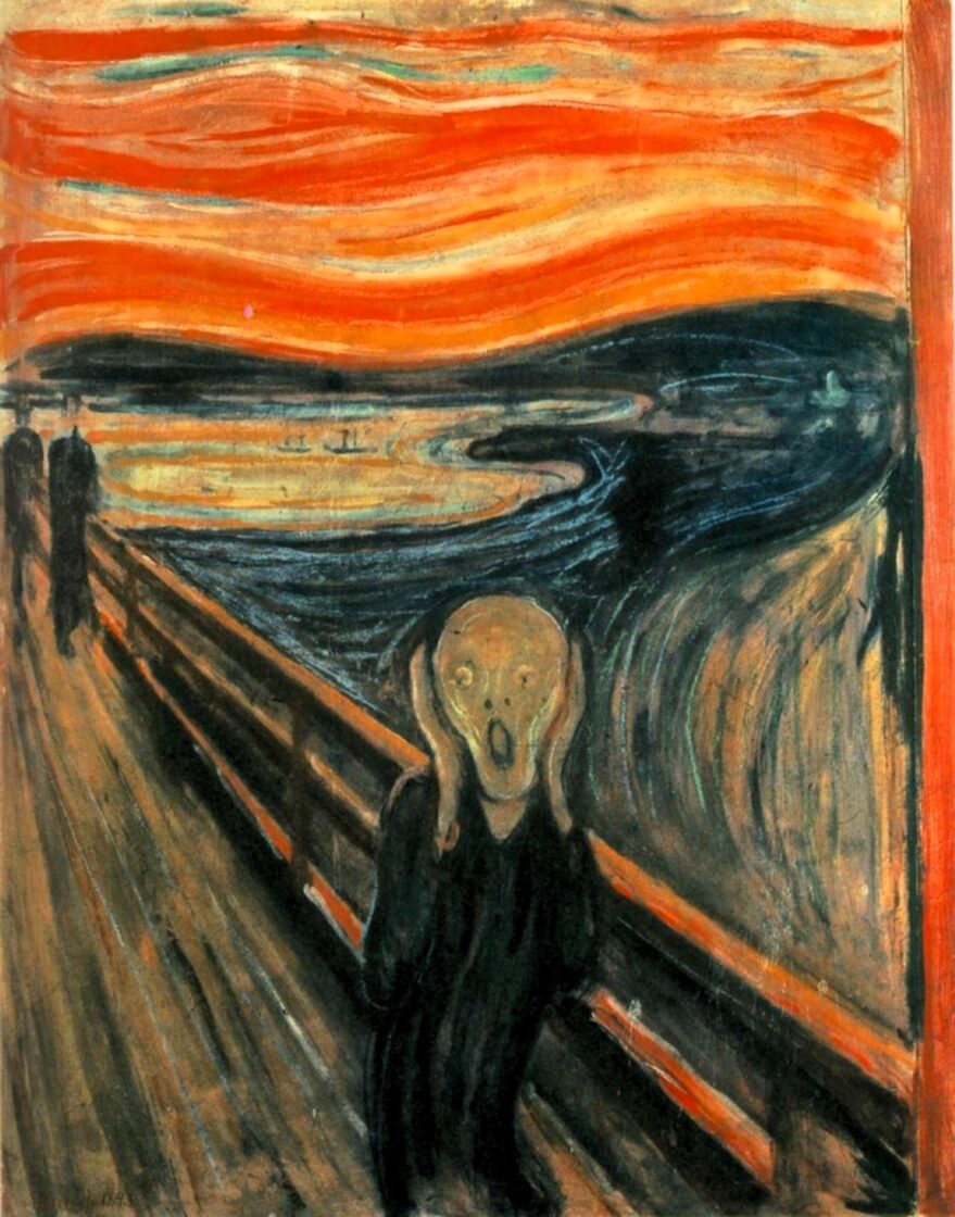 Edvard Munch, Skriget (1893) – forvrænget figur under blodrød himmel