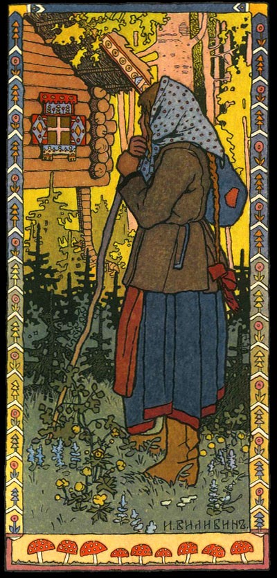 Vasilisa nærmer sig Baba Yagas hytte – illustration af Ivan Bilibin