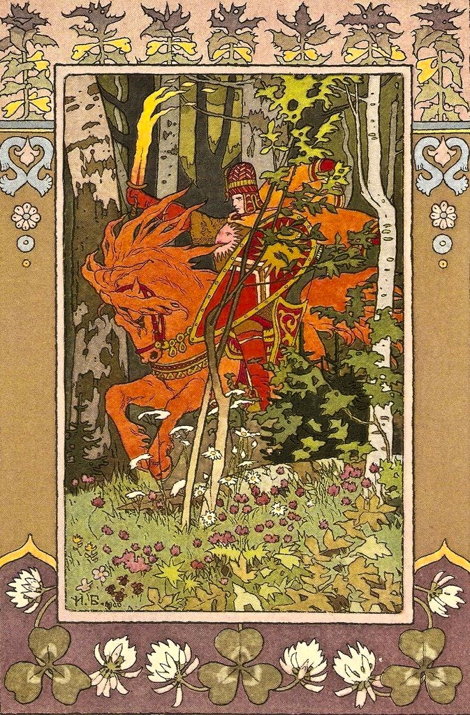 Den røde rytter – Solen. Af Ivan Bilibin