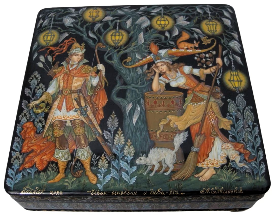 Lakmaleri af Baba Yaga som ung kvinde med morter og kost
