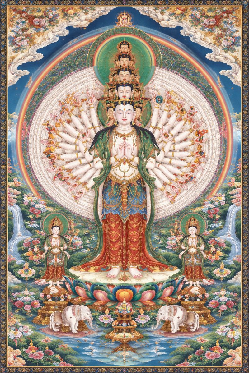 Avalokiteśvara (Chenrezig), bodhisattvaen for medfølelse i tibetansk ikonografi