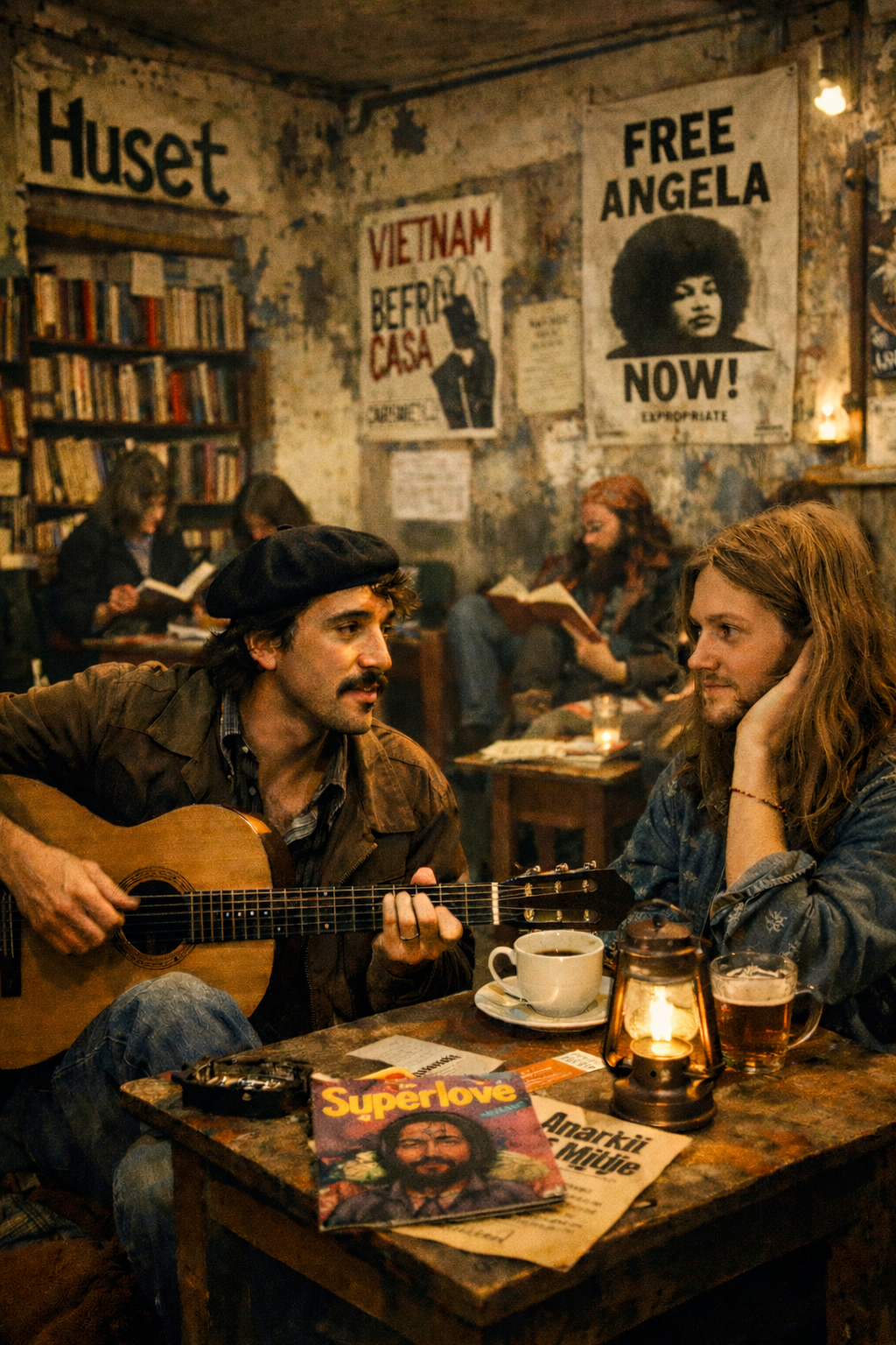 Musik og samtale i Husets Bogcafé i Magstræde i begyndelsen af 1970erne