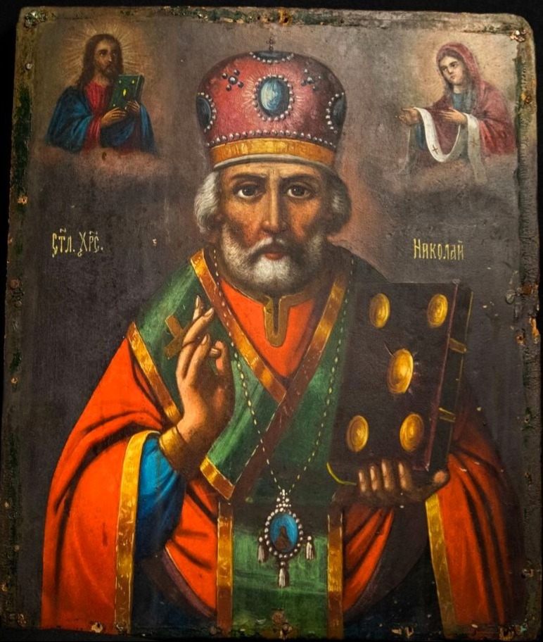 Ikon: Sankt Nikolaus modtager evangeliebogen fra Kristus og omophorion fra Gudsmoder Maria
