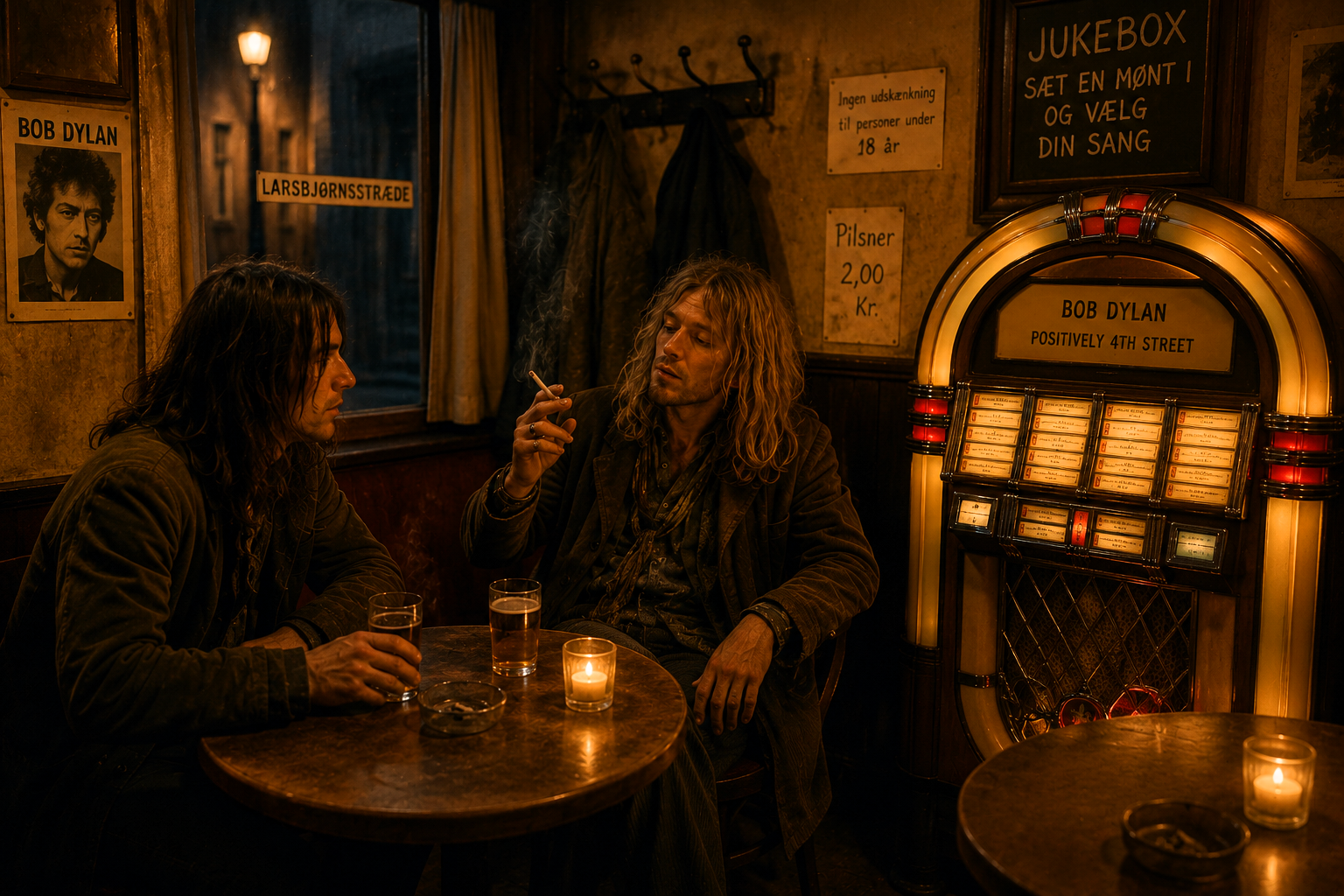 To unge mænd sidder ved et lille bord på et mørkt værtshus i Larsbjørnsstræde. Ved siden af dem står en jukebox med Bob Dylans Positively 4th Street.