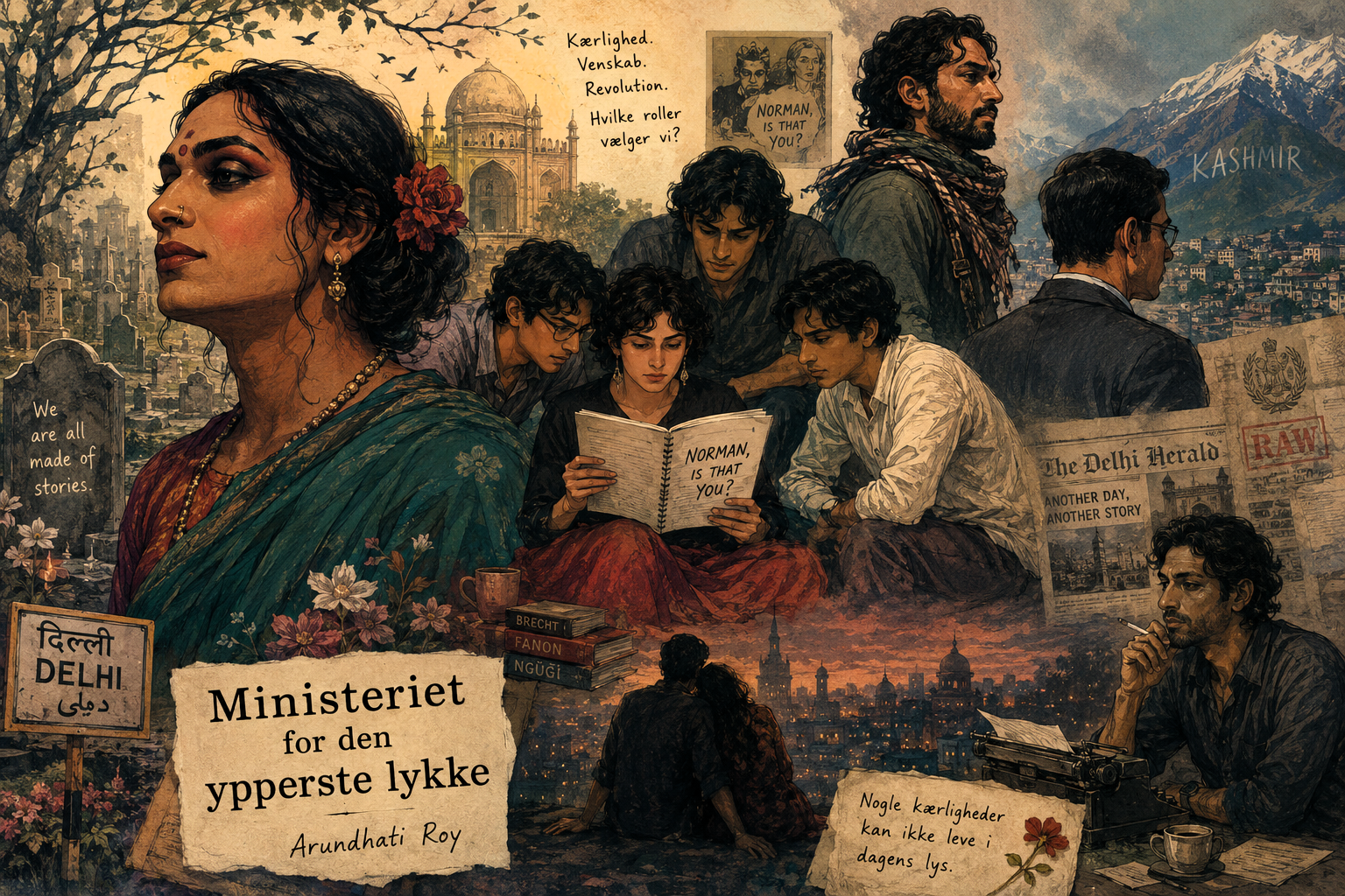 Collage inspireret af Ministeriet for den ypperste lykke, med motiver fra Delhi og Kashmir