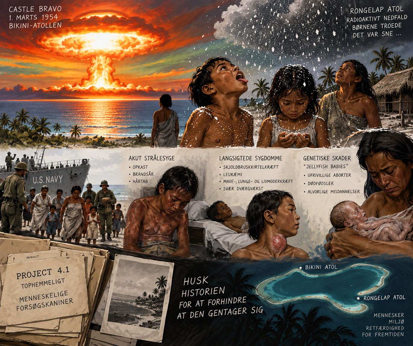 Illustration af Castle Bravo atomprøvesprængning 1954 og det radioaktive nedfald over Rongelap Atol, med børn der bliver ramt af aske og senere sygdomme