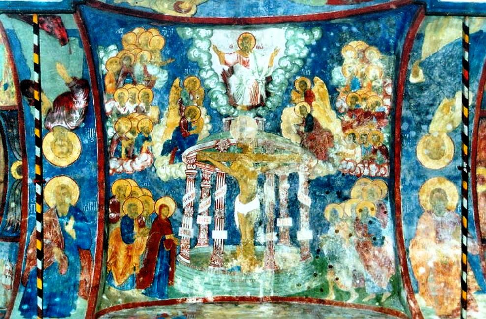 Visdommen bygger sig et tempel, fresko ved Volotovo