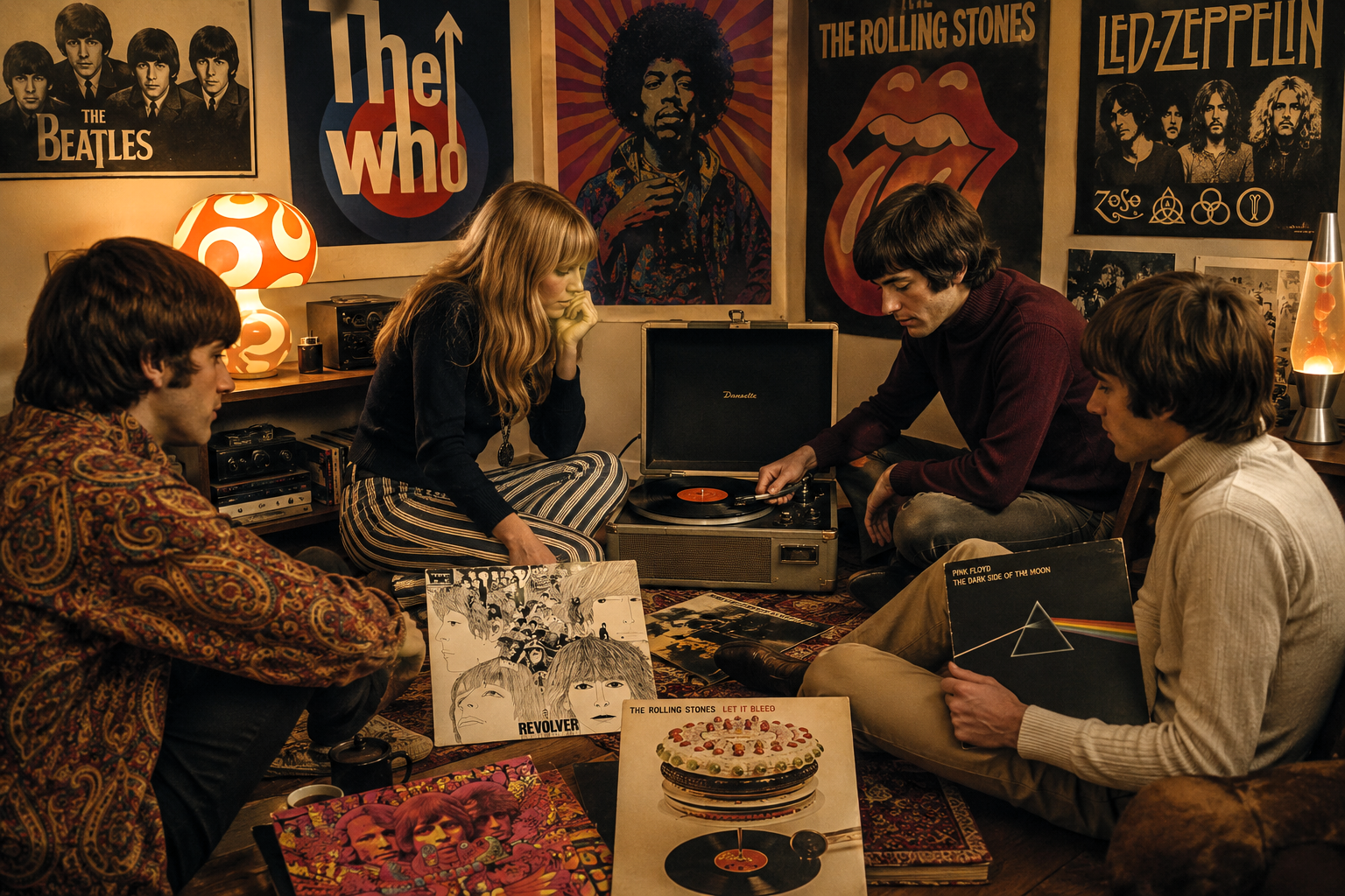 Unge mennesker lytter til vinylplader omgivet af plakater af The Beatles, The Who, Jimi Hendrix, The Rolling Stones og Led Zeppelin.